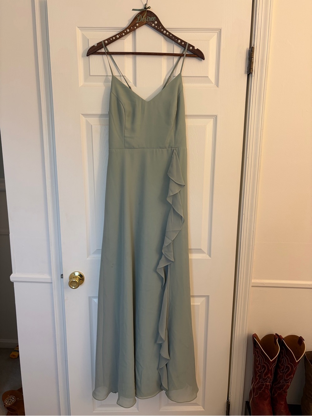 Birdy Grey Sage Green Spaghetti-Strap Ruffle Maxi Dress
